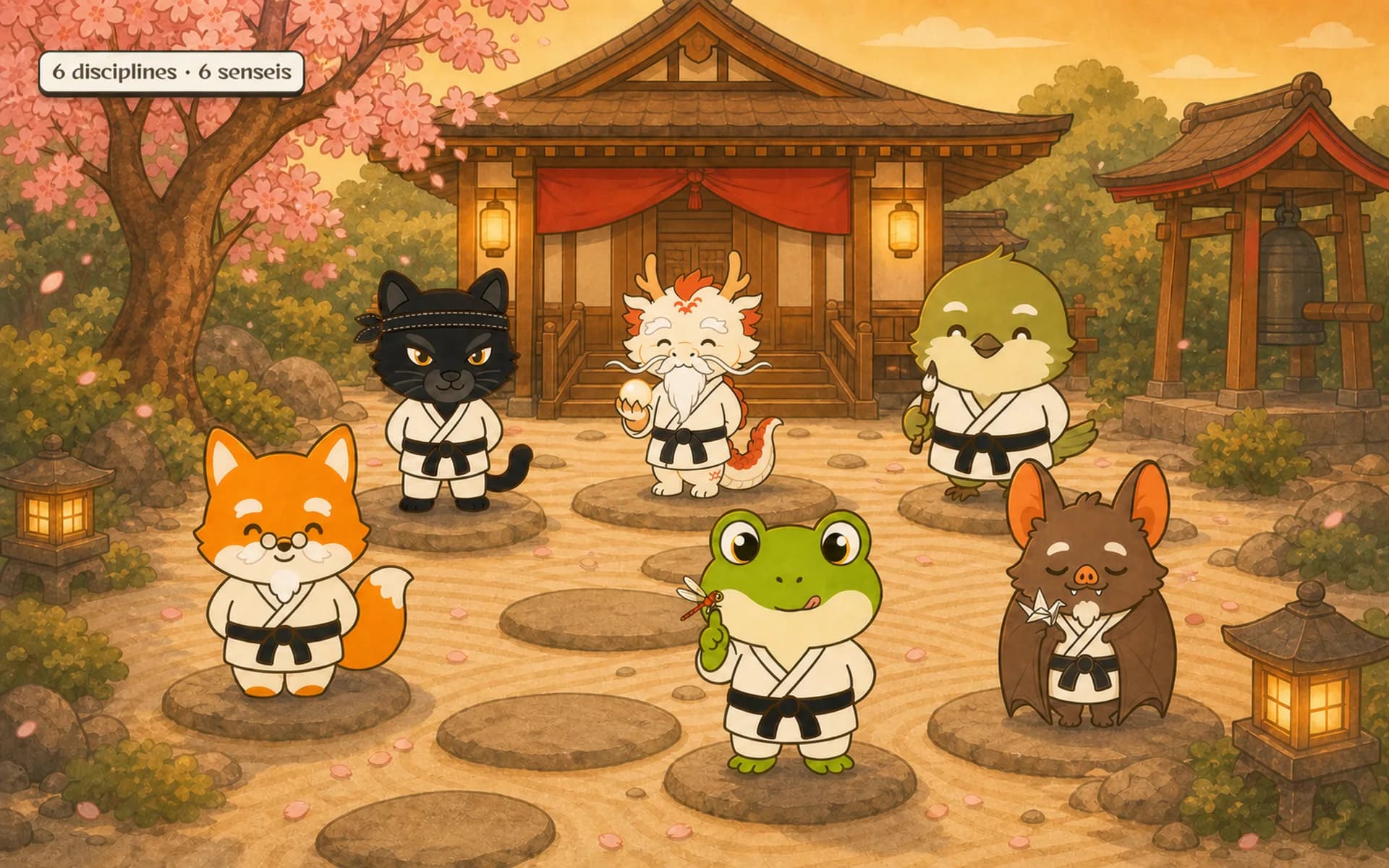 6 animal senseis gathered in the dojo courtyard